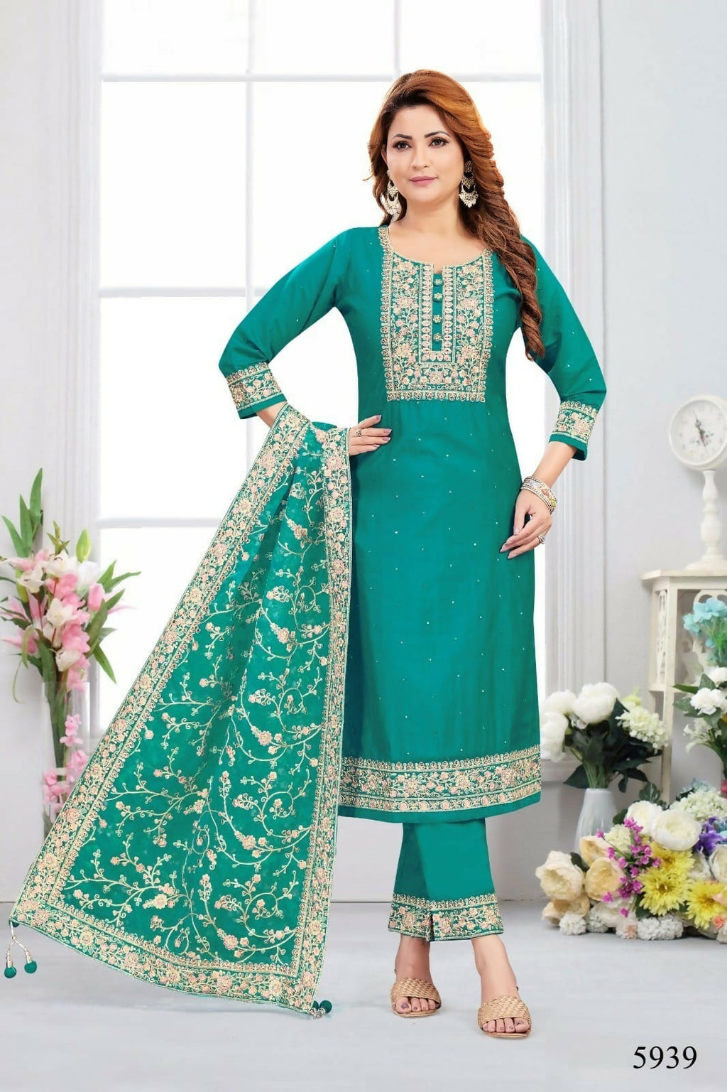 Joban Fashion Chinon Silk Rama Green Color Kurta Set