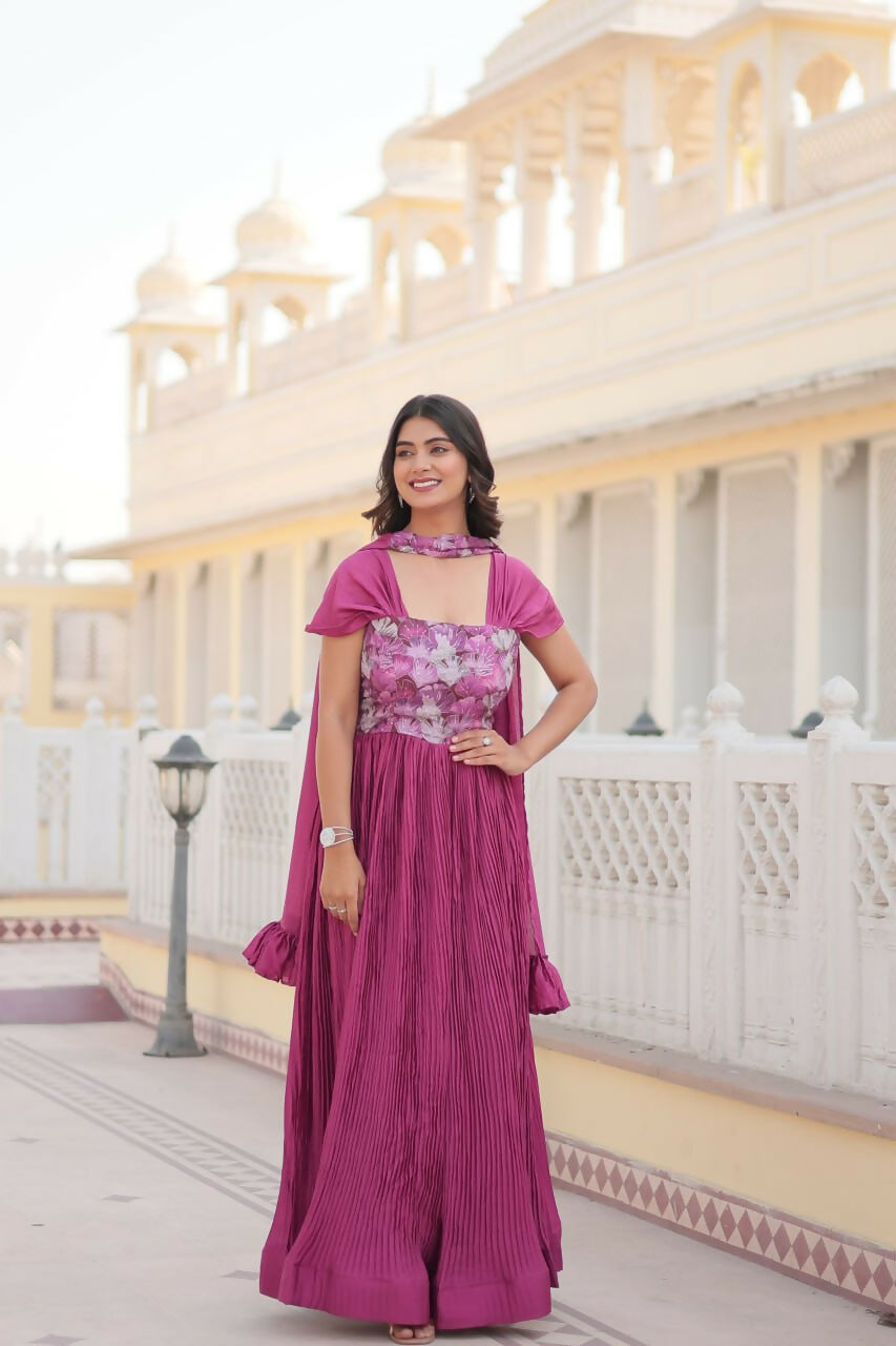 Vastranavya Position Print with Fancy Balloon Sleeves Chinnon Crush Pleating Gown with Dupatta - Pink