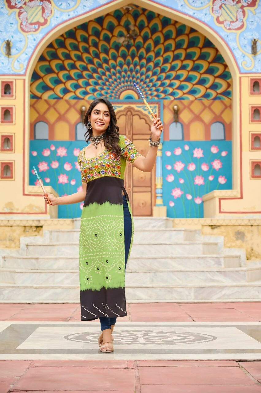 Vastranavya Parrot Navratri Special Kutchi Gamthi Work with Printed Kurti