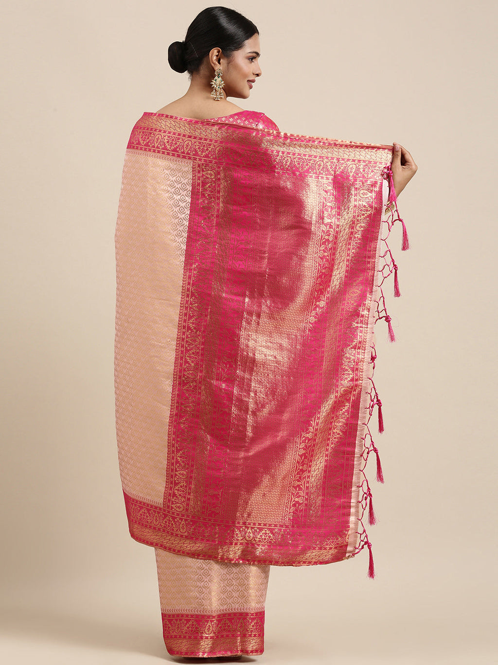 Saree Mall Peach-Coloured Ethnic Motifs Zari Silk Blend Banarasi Saree