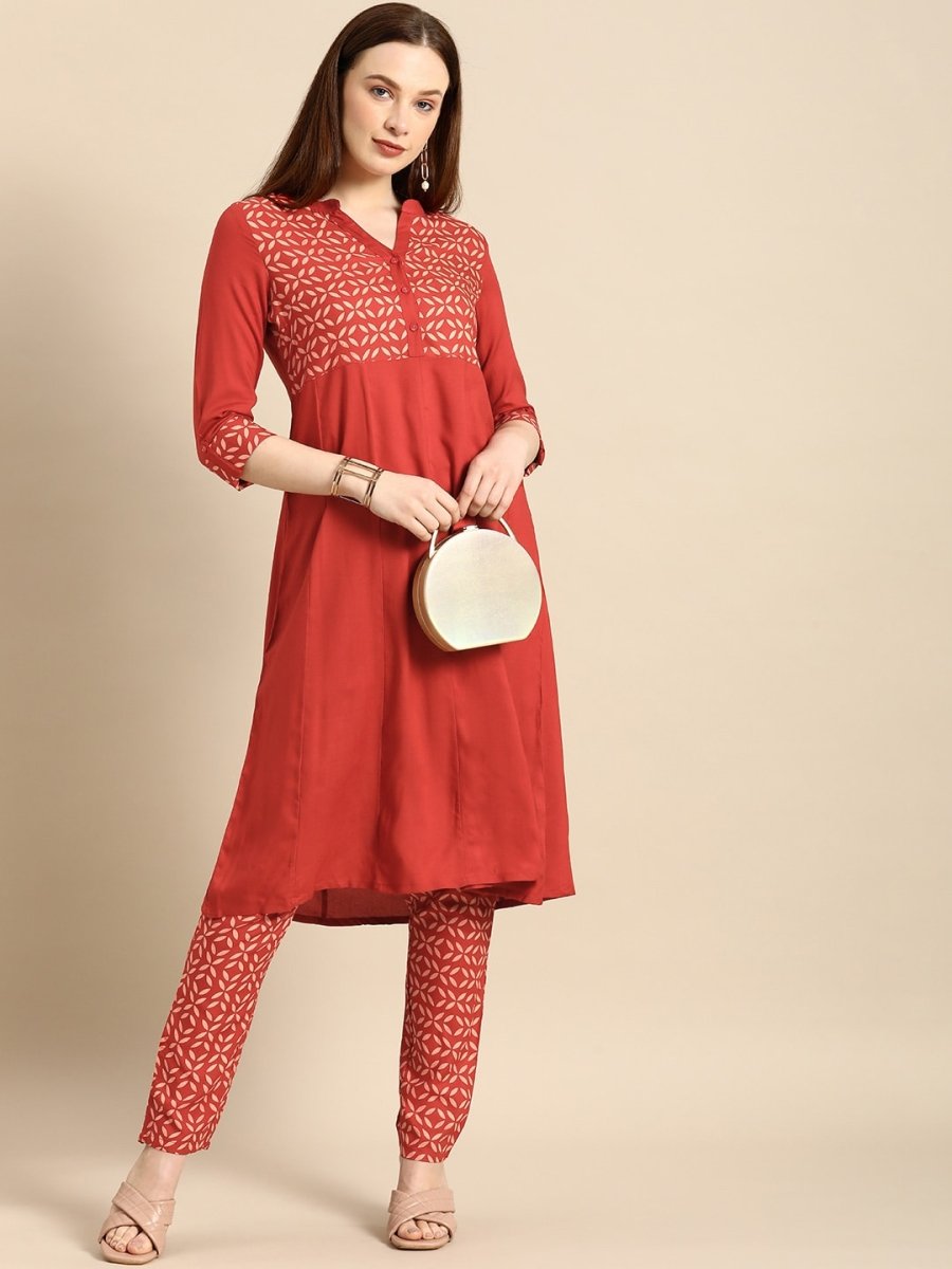 All About You Women Red & Cream Printed Kurta with Trousers