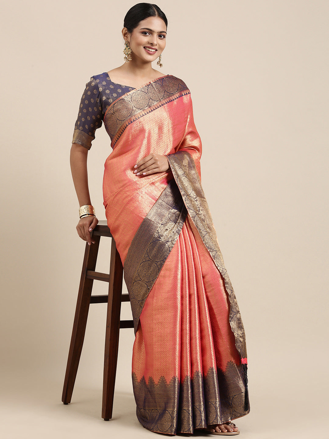Saree Mall Pink Woven Design Zari Silk Blend Banarasi Saree