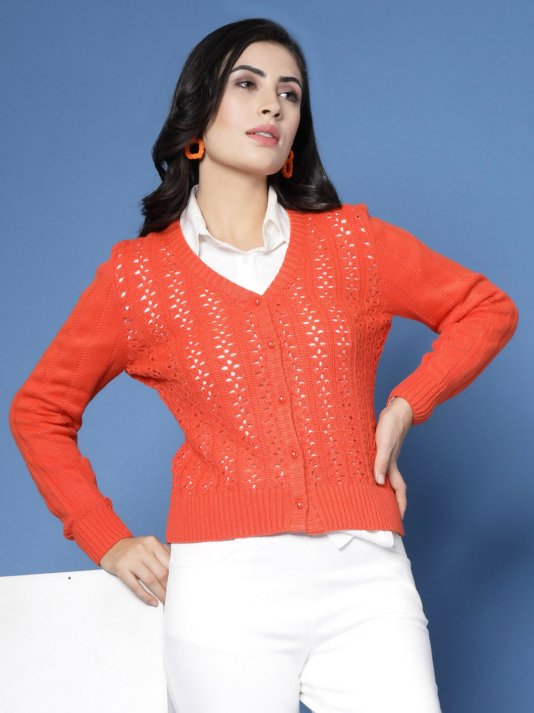 Women Pointelle Rust Acrylic Winter Cardigan - Wool Trees