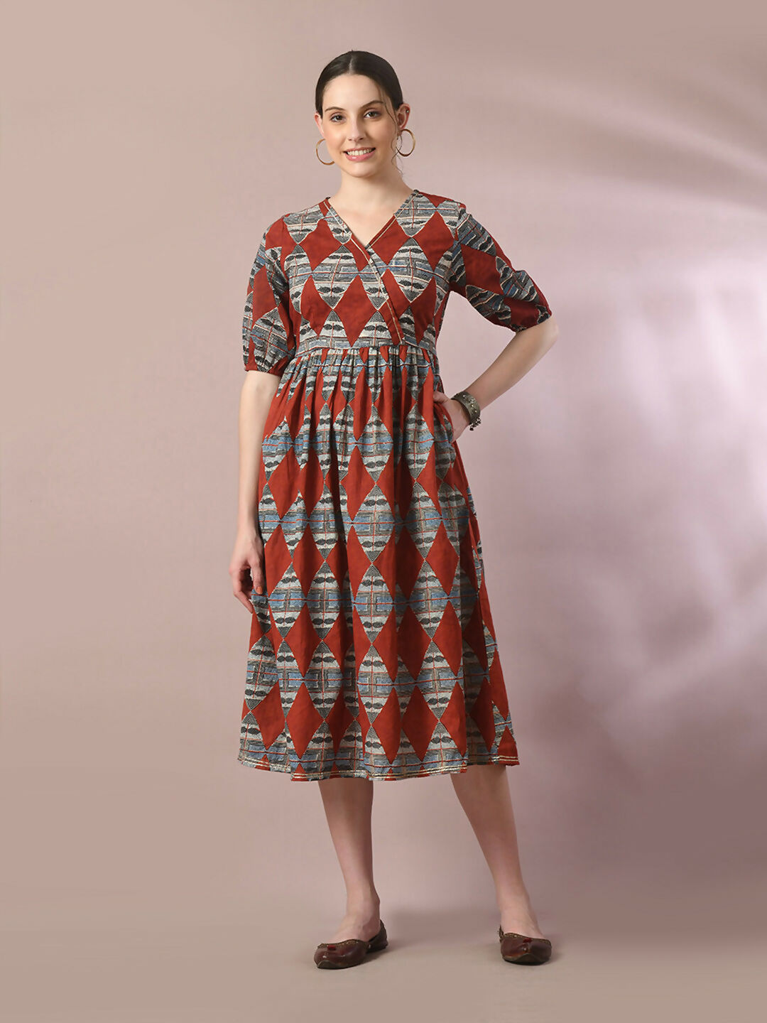 Myshka Women's Multi Printed Cotton V-Neck Empire Party Dress