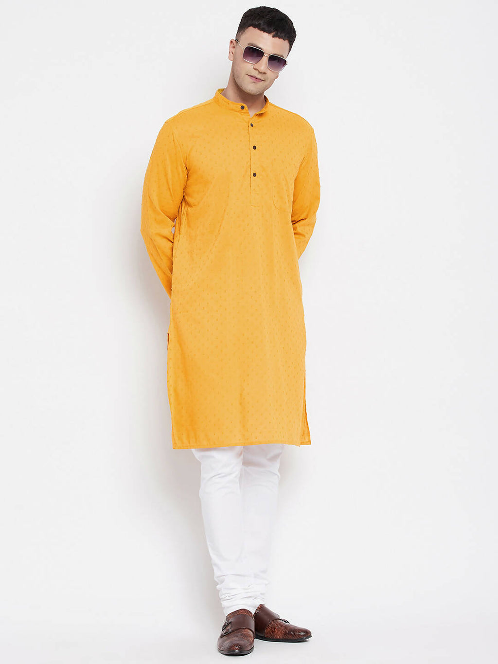 Even Apparels Yellow Color Pure Cotton Men's Kurta With Band Collar