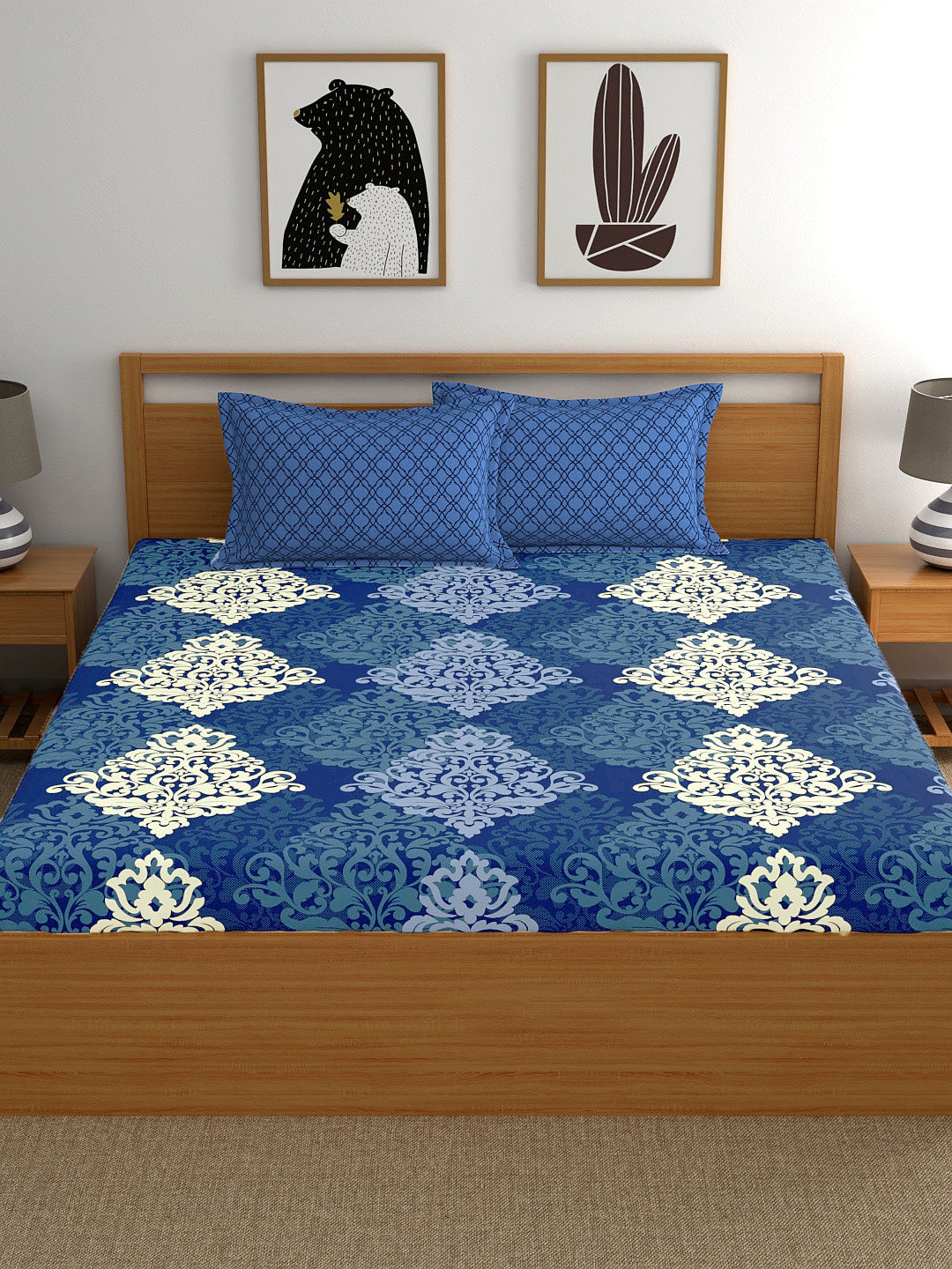 My Room Navy Blue Ethnic Printed 144 TC Super King Bedsheet with 2 Pillow Covers