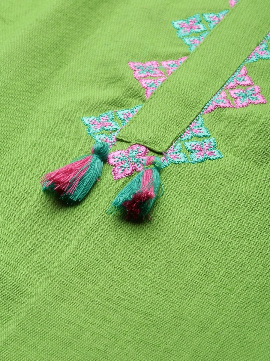 All About You Women Green & Pink Ethnic Motifs Yoke Design Thread Work Pure Cotton Kurta