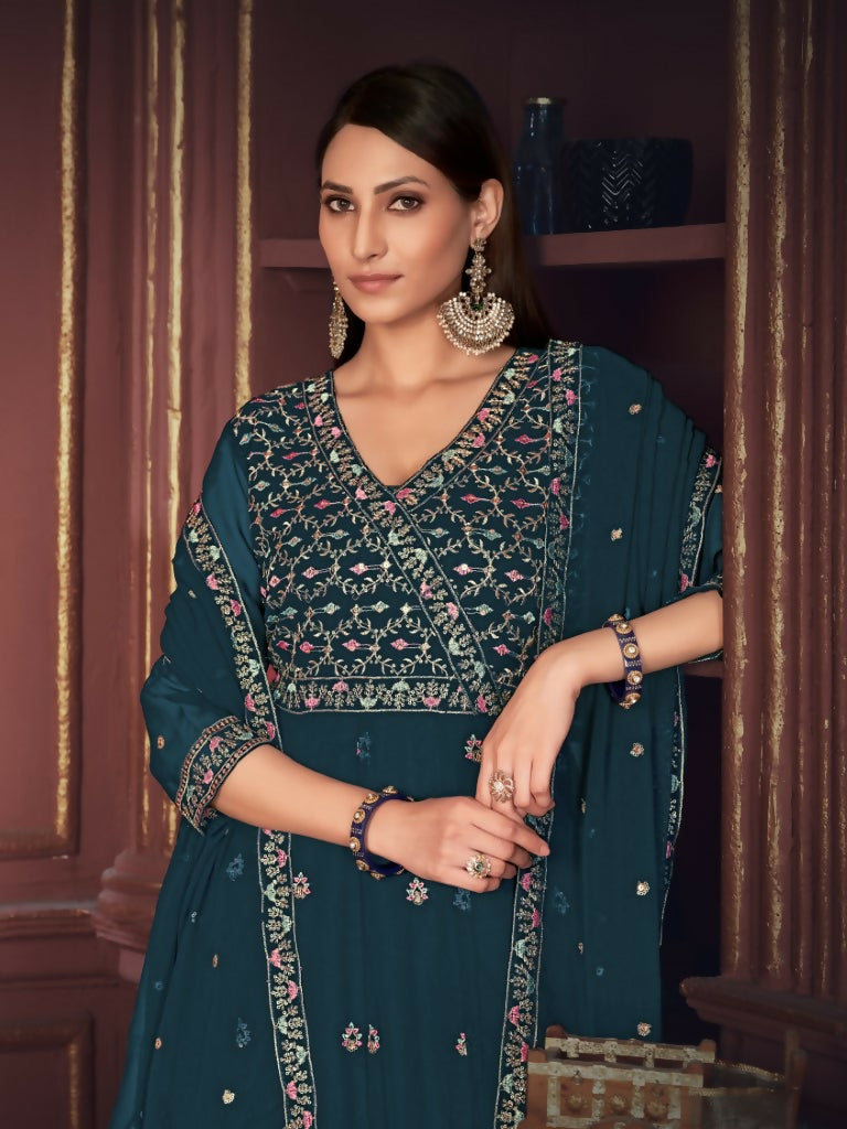 Jyoti Fashion Women's Rama Georgette Embroidered Anarkali Kurta Pant Set With Dupatta