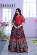 Jyoti Fashion Women's Wine Patola with Foil Print Dola Silk Anarkali Dress