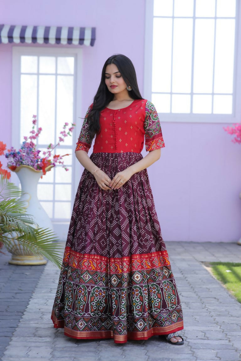 Jyoti Fashion Women's Wine Patola with Foil Print Dola Silk Anarkali Dress
