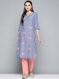 HERE&NOW Women Lavender & Pink Printed Pure Cotton Straight Kurta