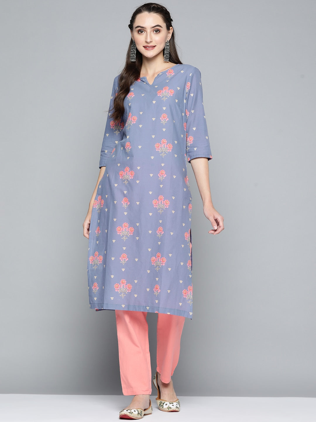 HERE&NOW Women Lavender & Pink Printed Pure Cotton Straight Kurta