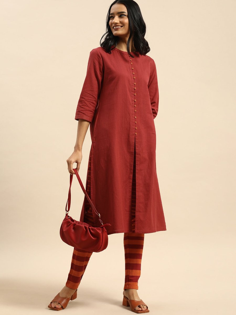 All About You Women Red & Orange Pure Cotton Kurta with Trousers