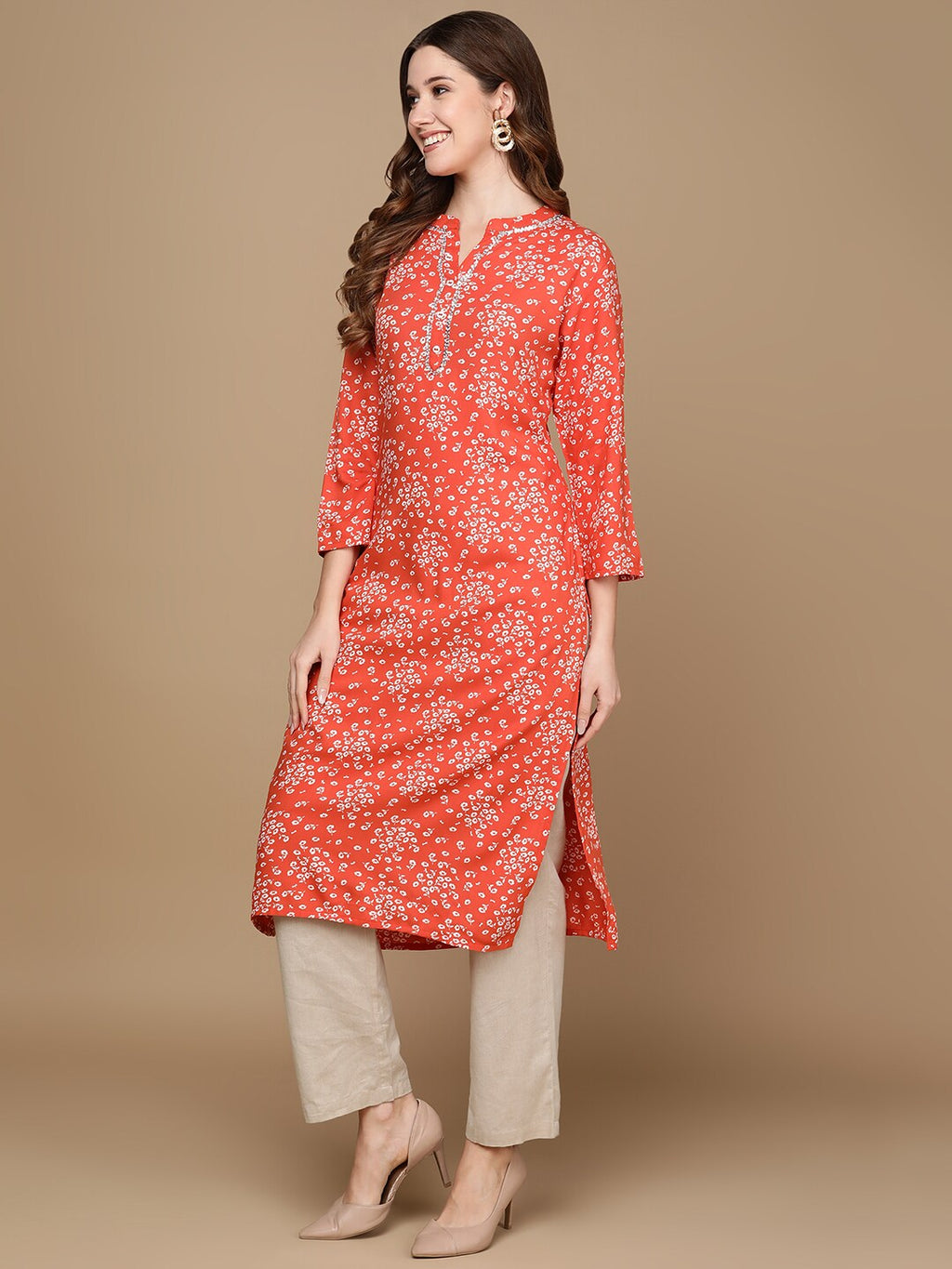 HERE&NOW Rust Orange & White Floral Printed Straight Kurta