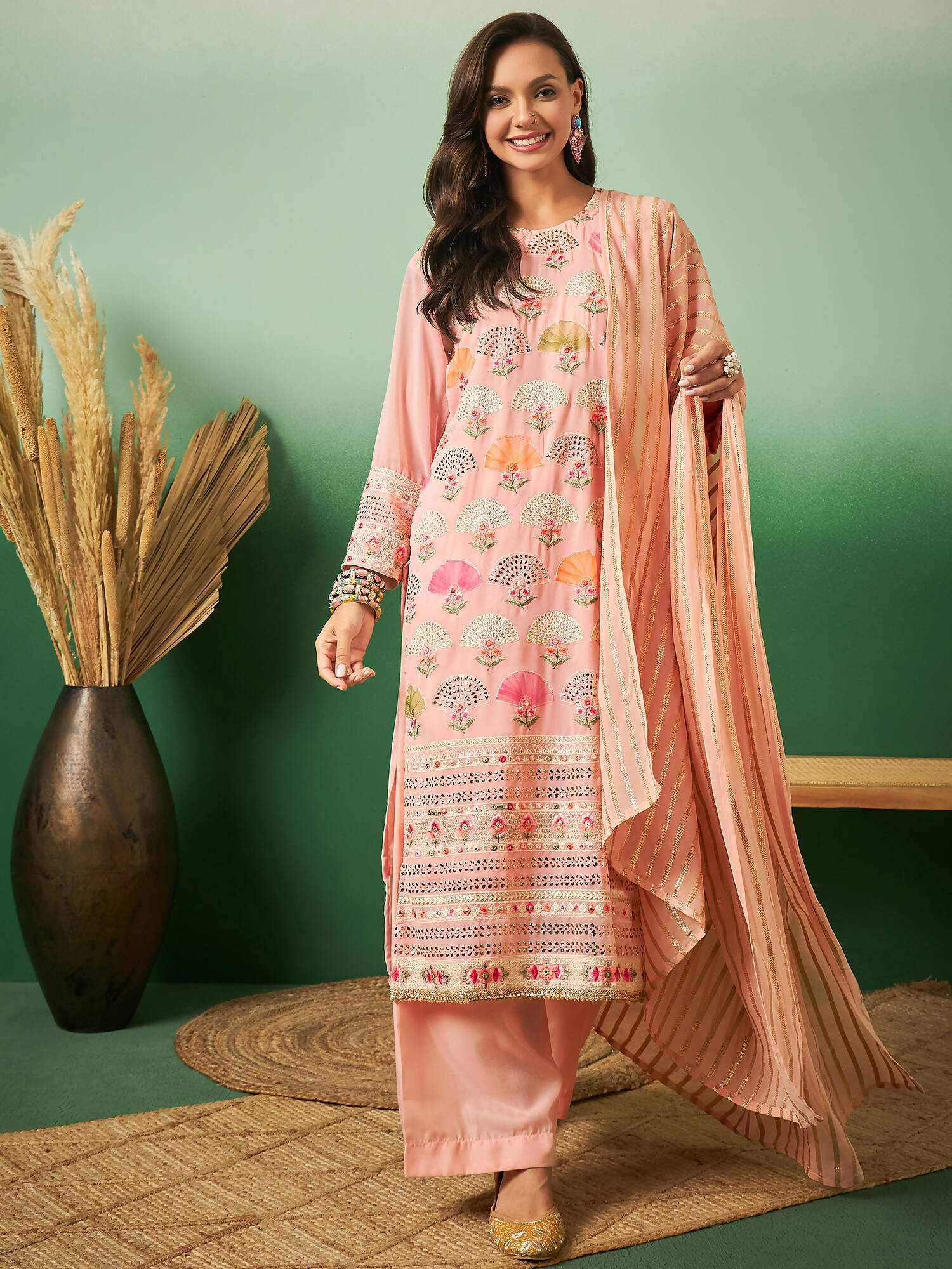 Peach Georgette Handwork Unstitched Dress Material - Hanika