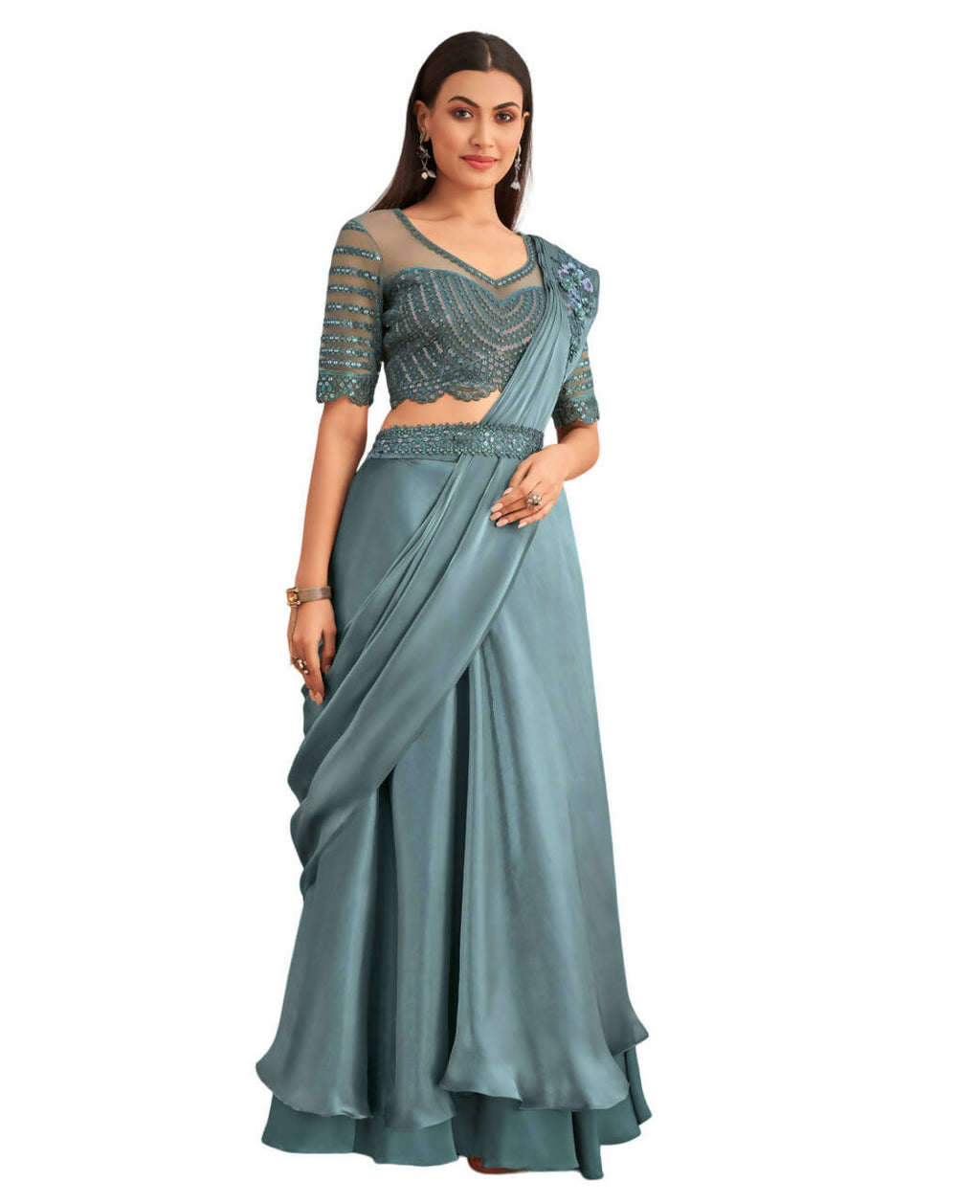 Blue Satin Embroidered Ready To Wear Saree With Unstitched Blouse Piece - Nandika
