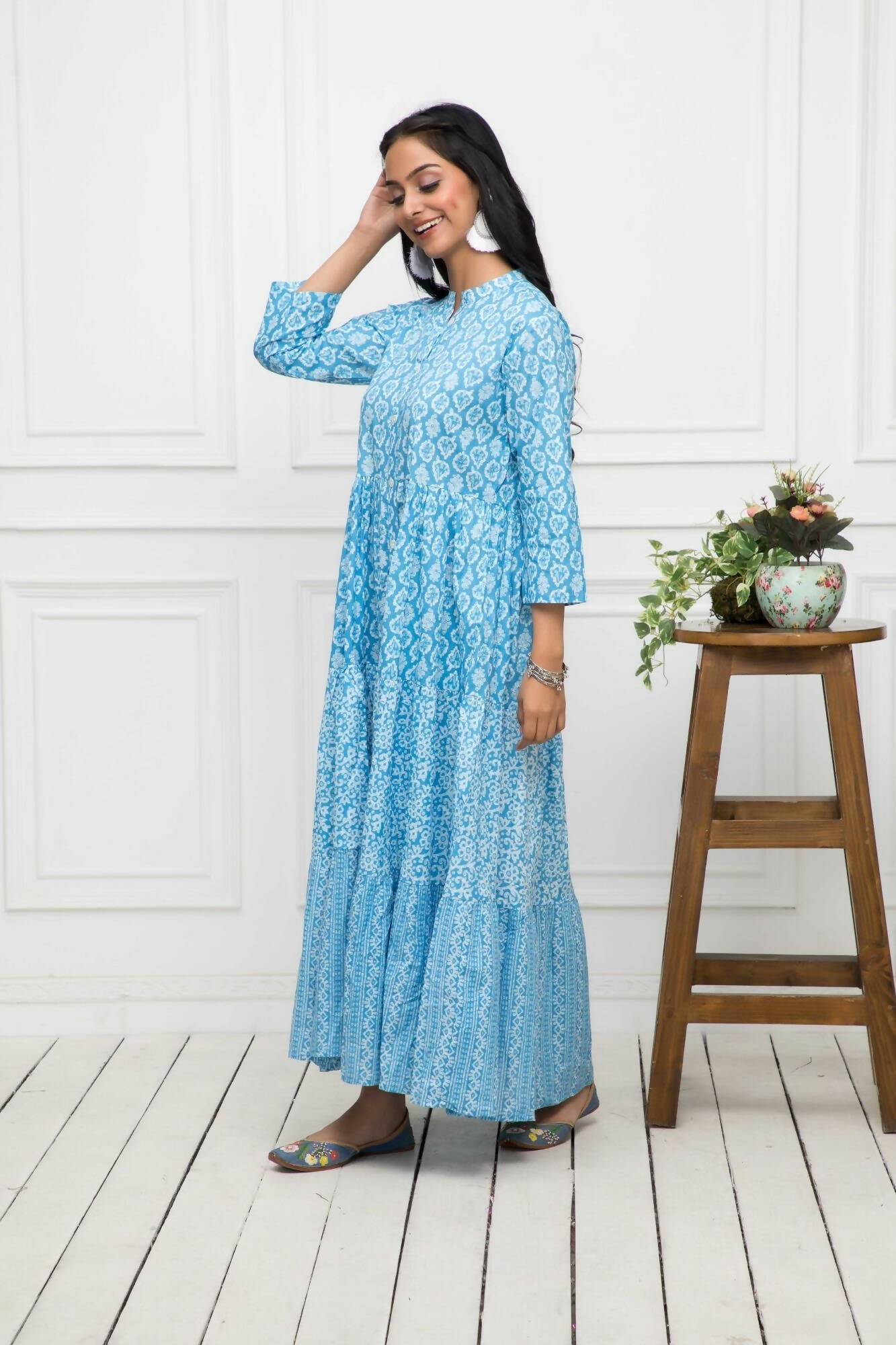 Myshka Women Blue Floral Cotton A-Line Mandarin Collar Long Dress
