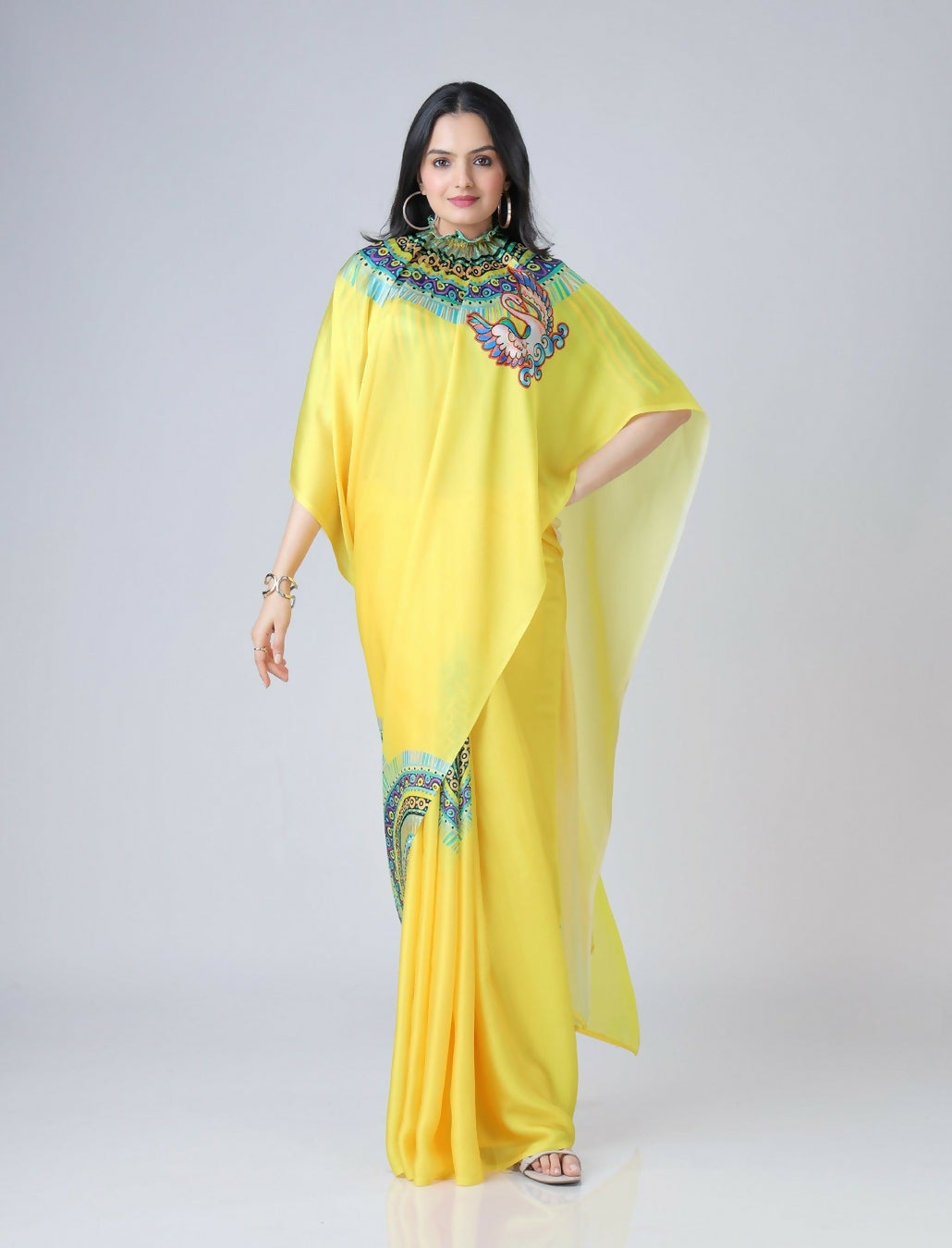 Vastranavya Yellow Ready to Wear Swan Print Free Hand Saree