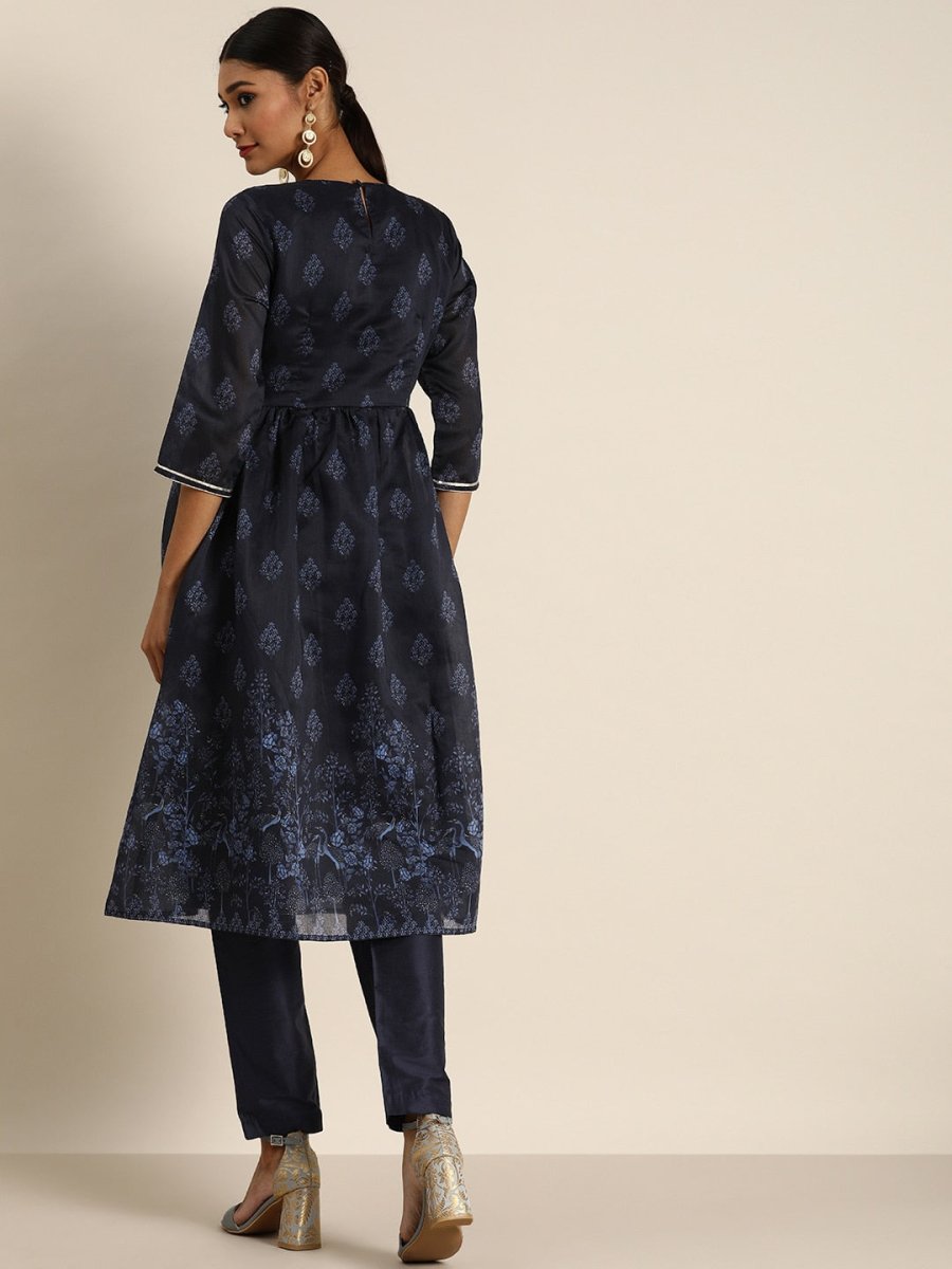 All About You Women Navy Blue Floral Printed Empire Kurta with Trousers