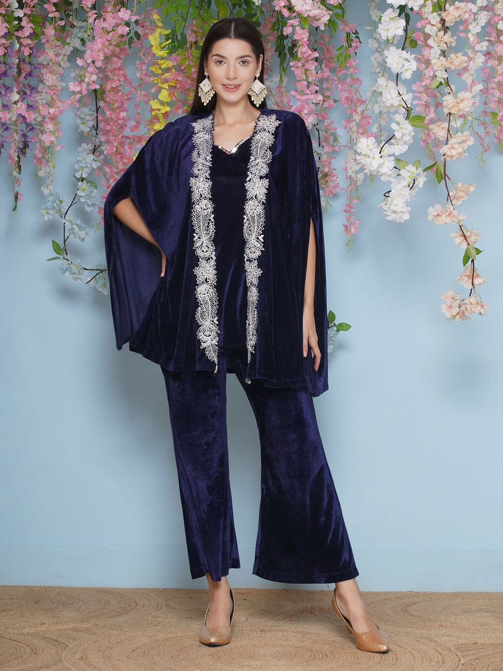 Joban Fashion Navy Blue Velvet Cape Set