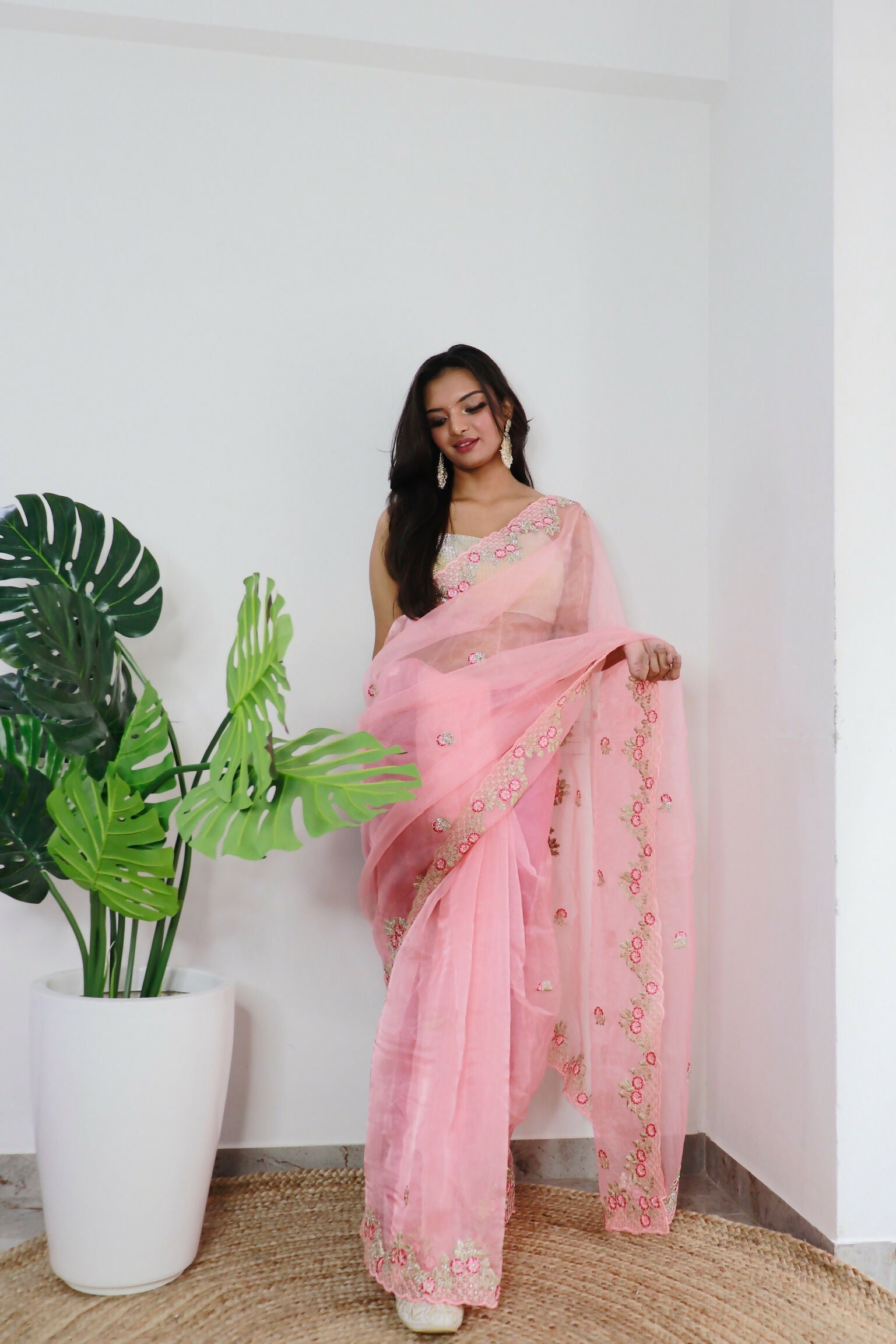 Vamsee Meera Peach Organza Saree