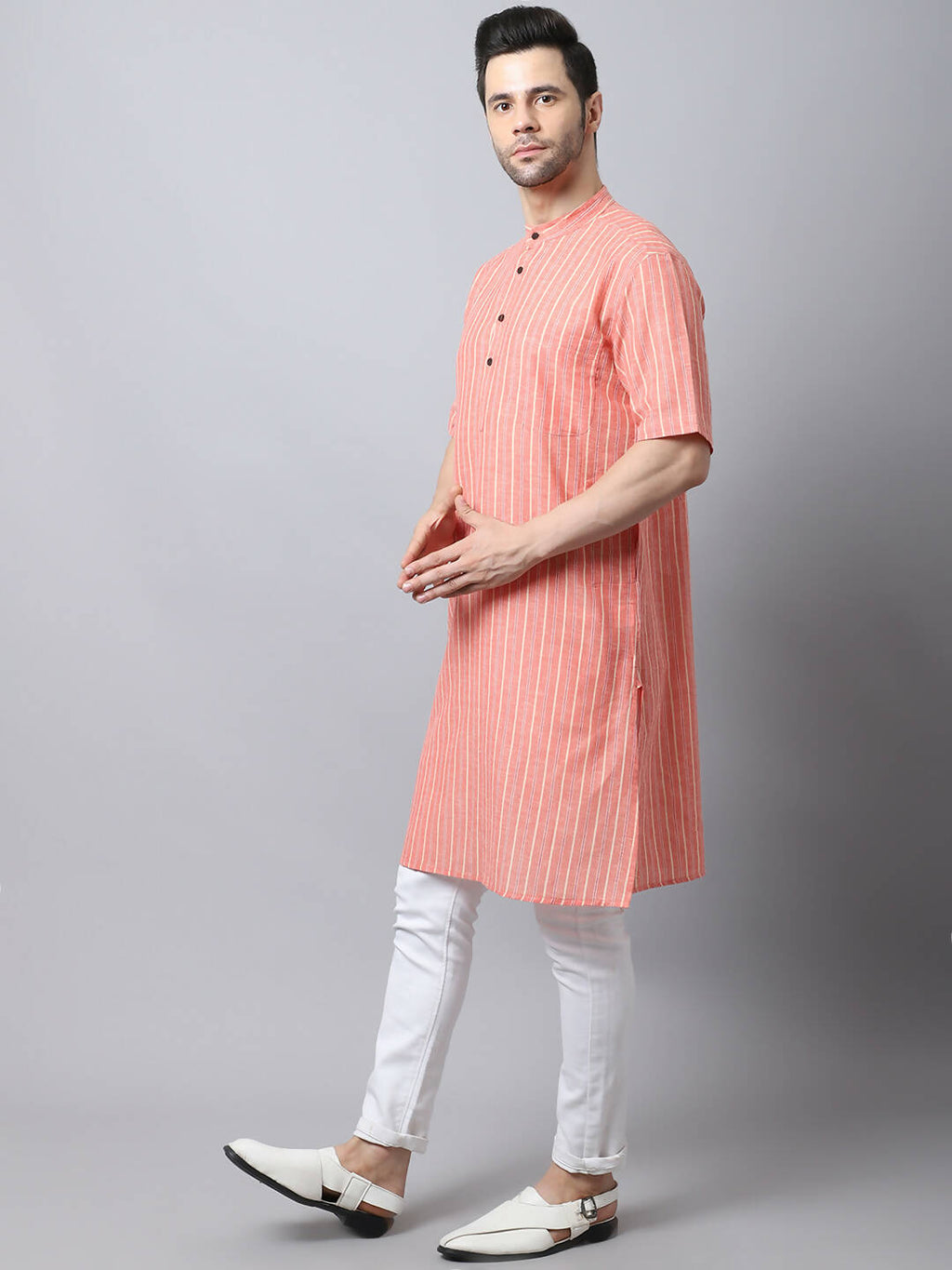 Even Apparels Beige Pure Cotton Men's Kurta With Band Collar (STR1171)