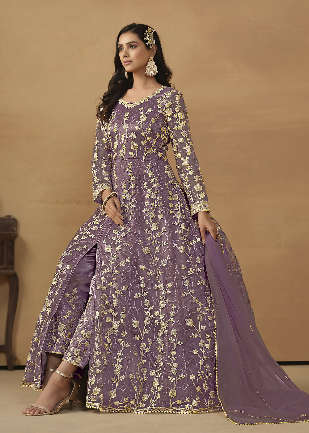 Pant Style Purple Embroidered Net Wedding Anarkali Suit - Emponline