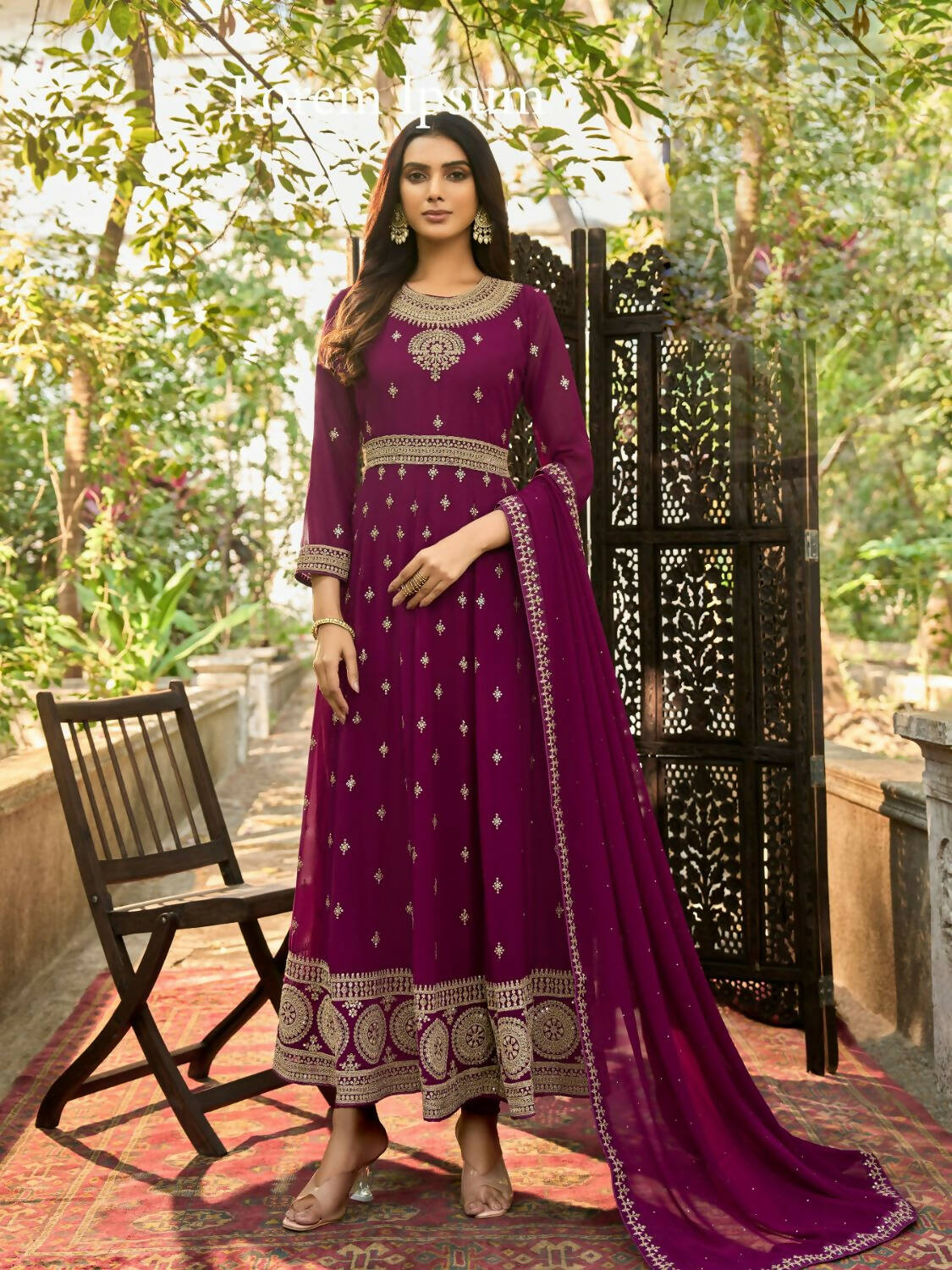 Wine Heavy Faux Georgette Anarkali Embroidered Kurta Set - Dhvani