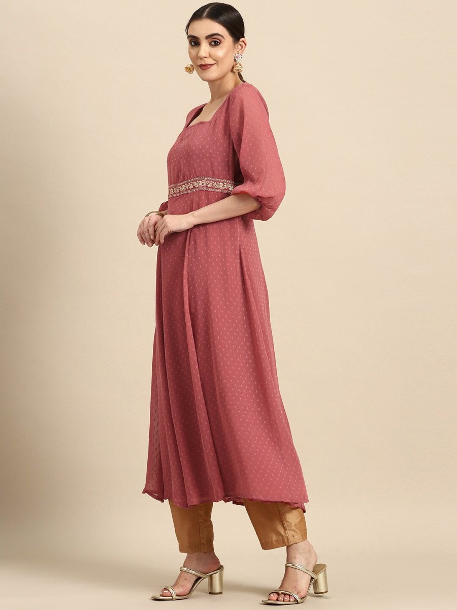 All About You Square Neck Dobby Weave A-Line Kurta With Dupatta