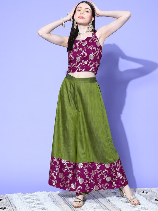 InWeave Women's Wine Brocade Strappy Top W Olive Wine Brocade Palazzo Set