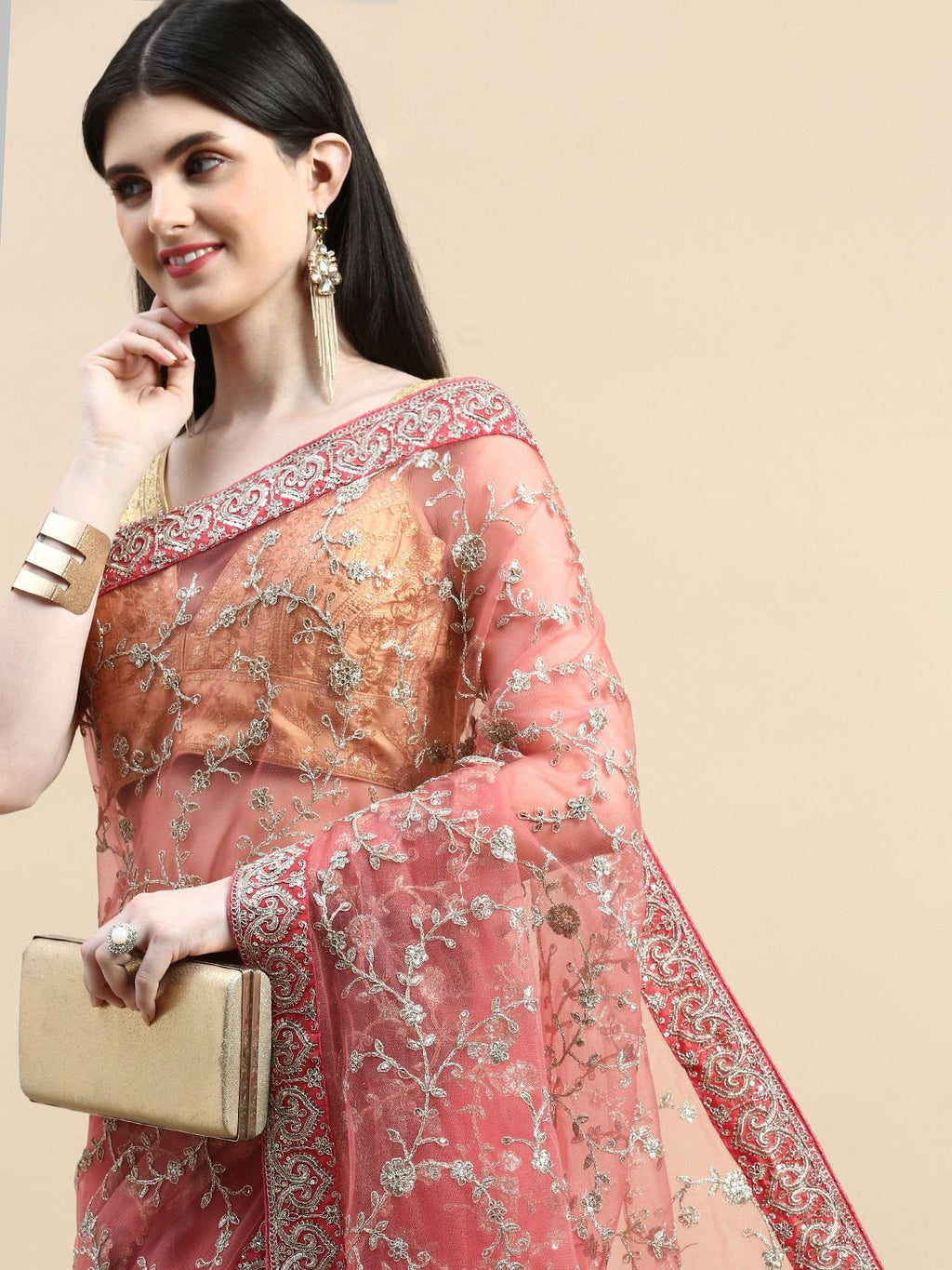 kasee Floral Embroidered Sequinned Net Saree