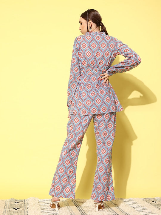 InWeave Women's Blue Pink Ogee Print Belted Coord Set