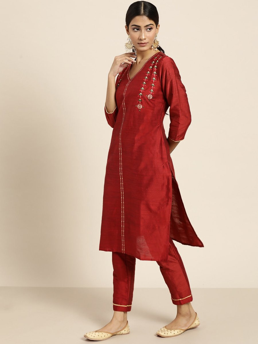 All About You Women Maroon & Golden Embroidered Regular Kurta with Trousers & Dupatta