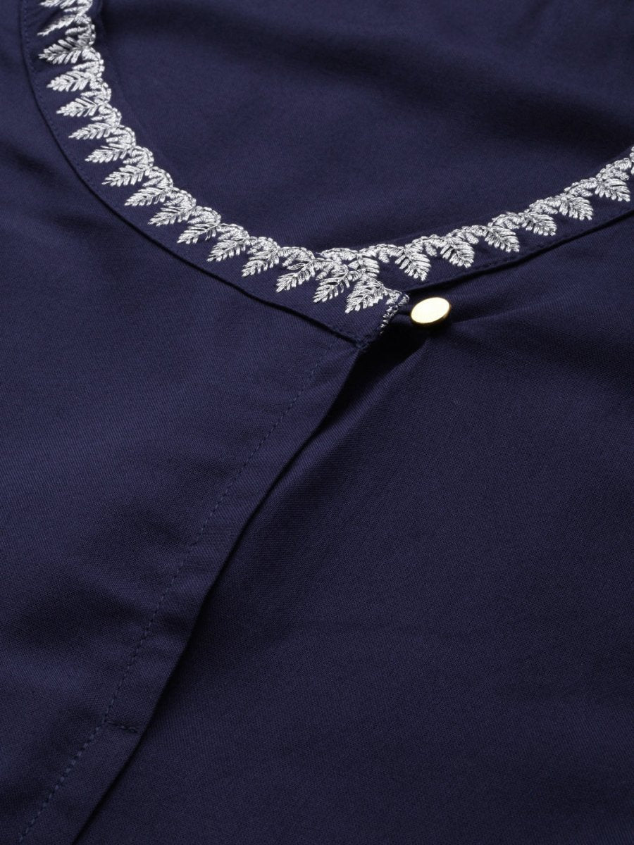All About You Women Navy Blue Embroidered Kurta with Trousers