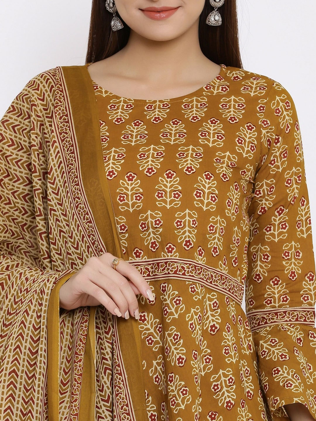 HERE&NOW Mustard Yellow Floral Printed A-Line Kurta with Dhoti Pants & With Dupatta