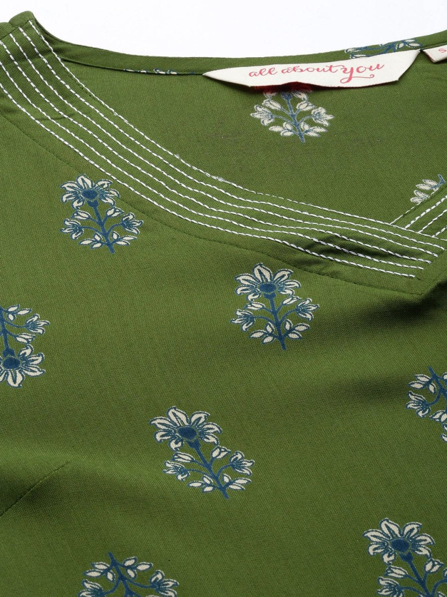 All About You Women Green Floral Printed Regular V-Neck Kurta with Trousers