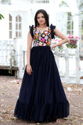 Jyoti Fashion Women's Navy Blue Sequins Thread Embroidery Faux Blooming Anarkali Dress