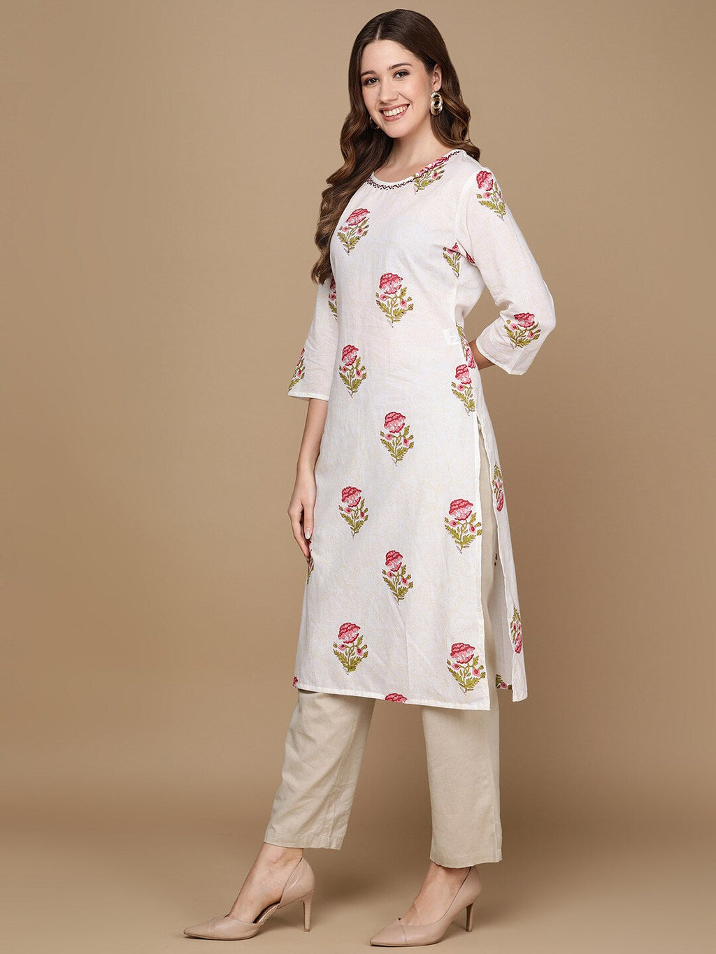 HERE&NOW White & Pink Floral Printed Pure Cotton Kurta