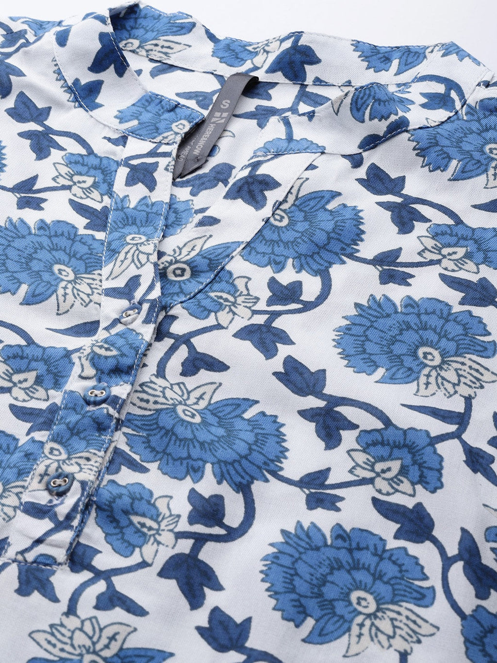 HERE&NOW Women White & Navy Blue Ethnic Motifs Printed Kurta