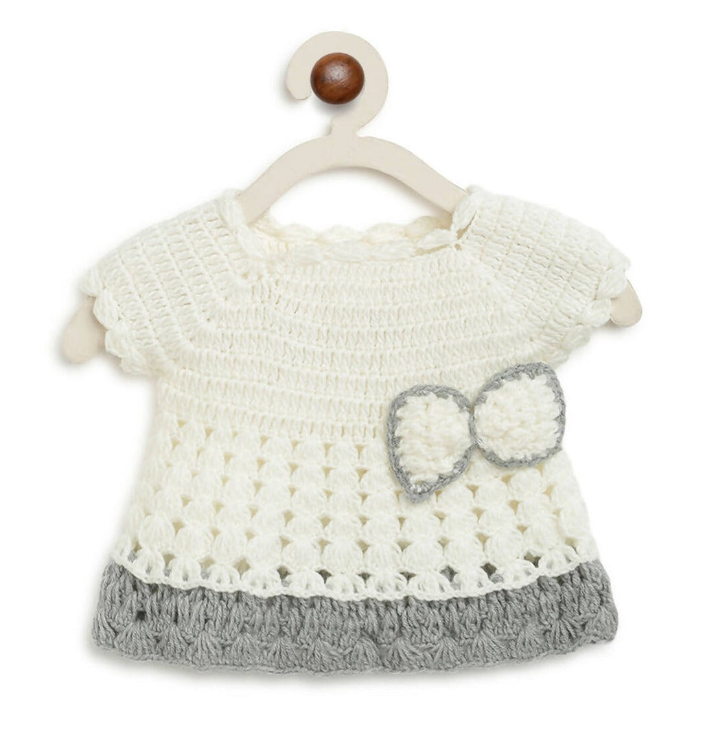 ChutPut Hand knitted Crochet Wool Dress For Baby Girls - White