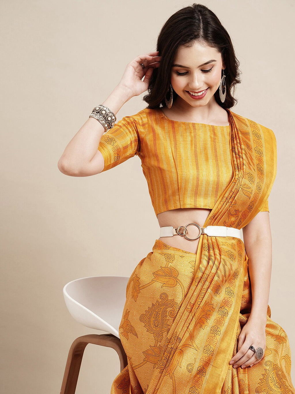 Saree Mall Yellow Floral Printed Bhagalpuri Saree
