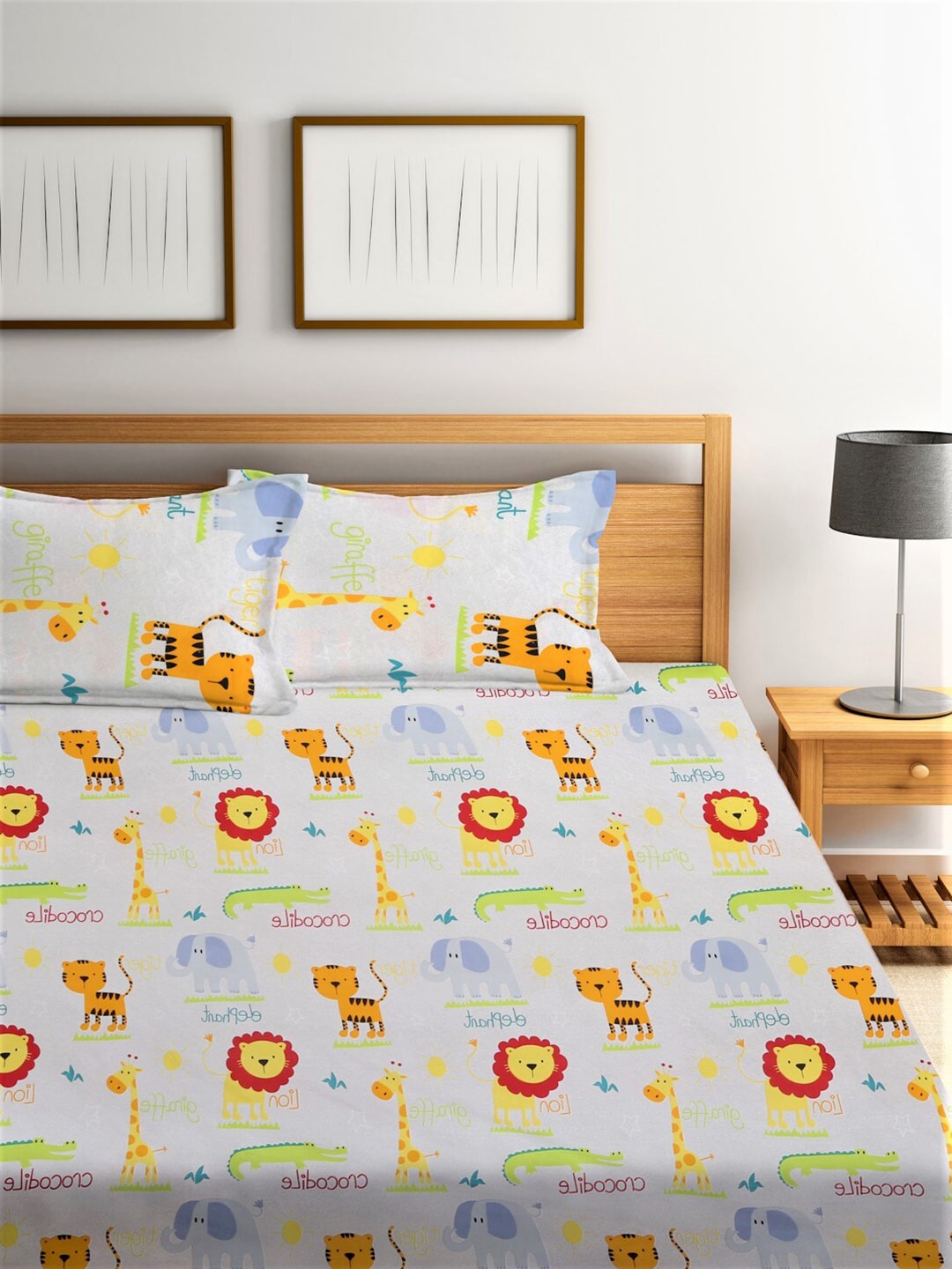 Home Sizzler White & Orange Cartoon Characters 210 TC Bedsheet with Pillow Covers
