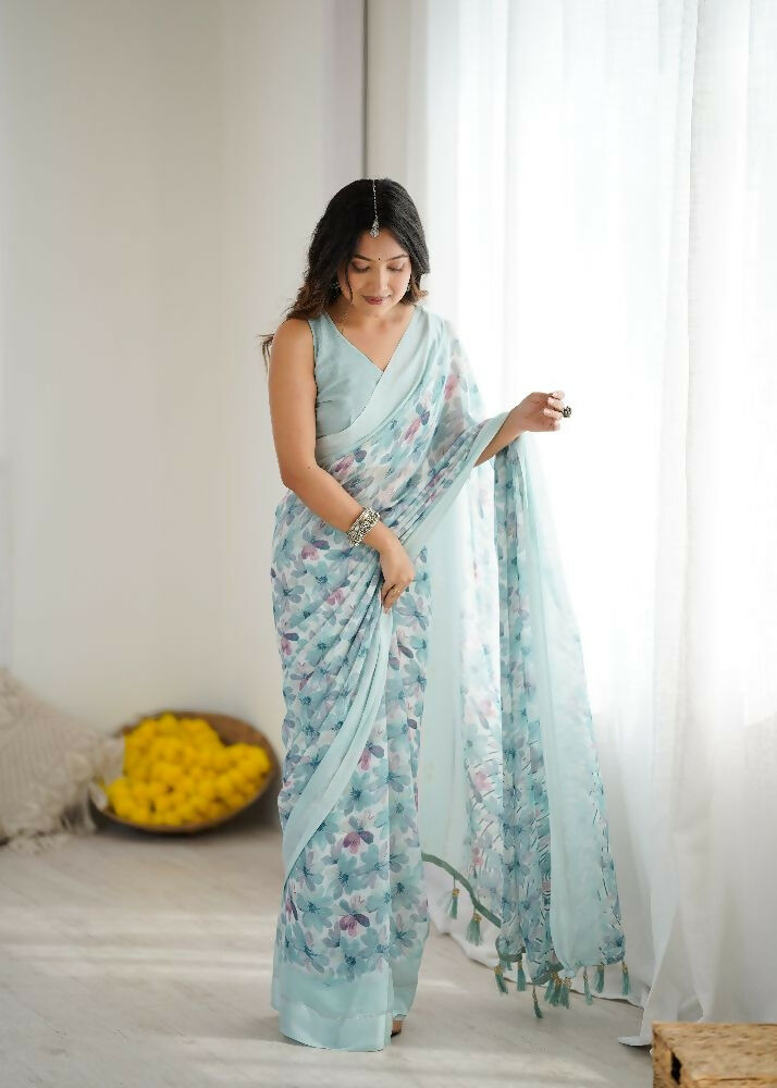 PR Fashion Sky_Blue Bright Moss Satin Patta Printed Saree