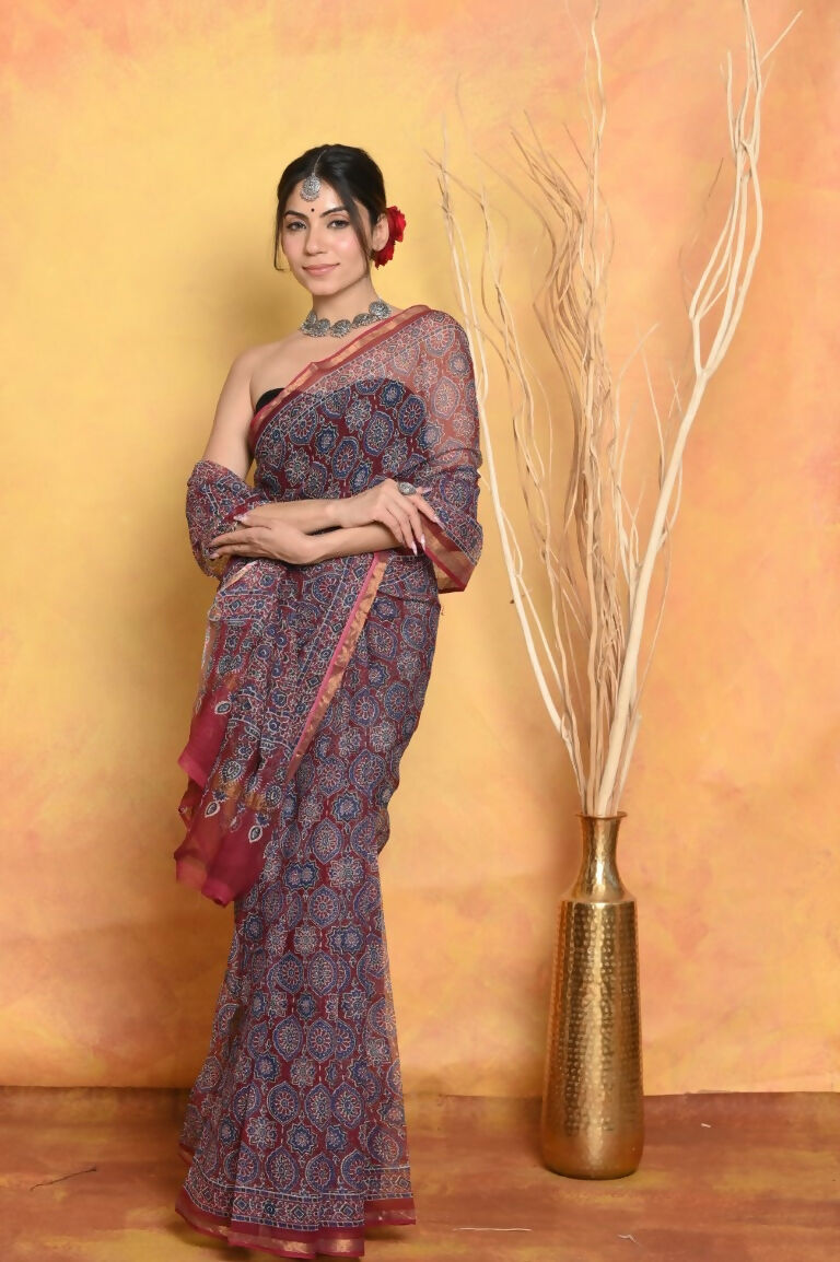 Very Much Indian Pure Kota Cotton Handblock Printed Saree - Grey