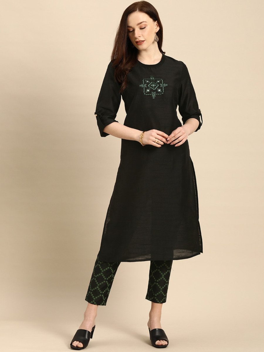 All About You Women Black & Green Embroidered Kurta with Trousers