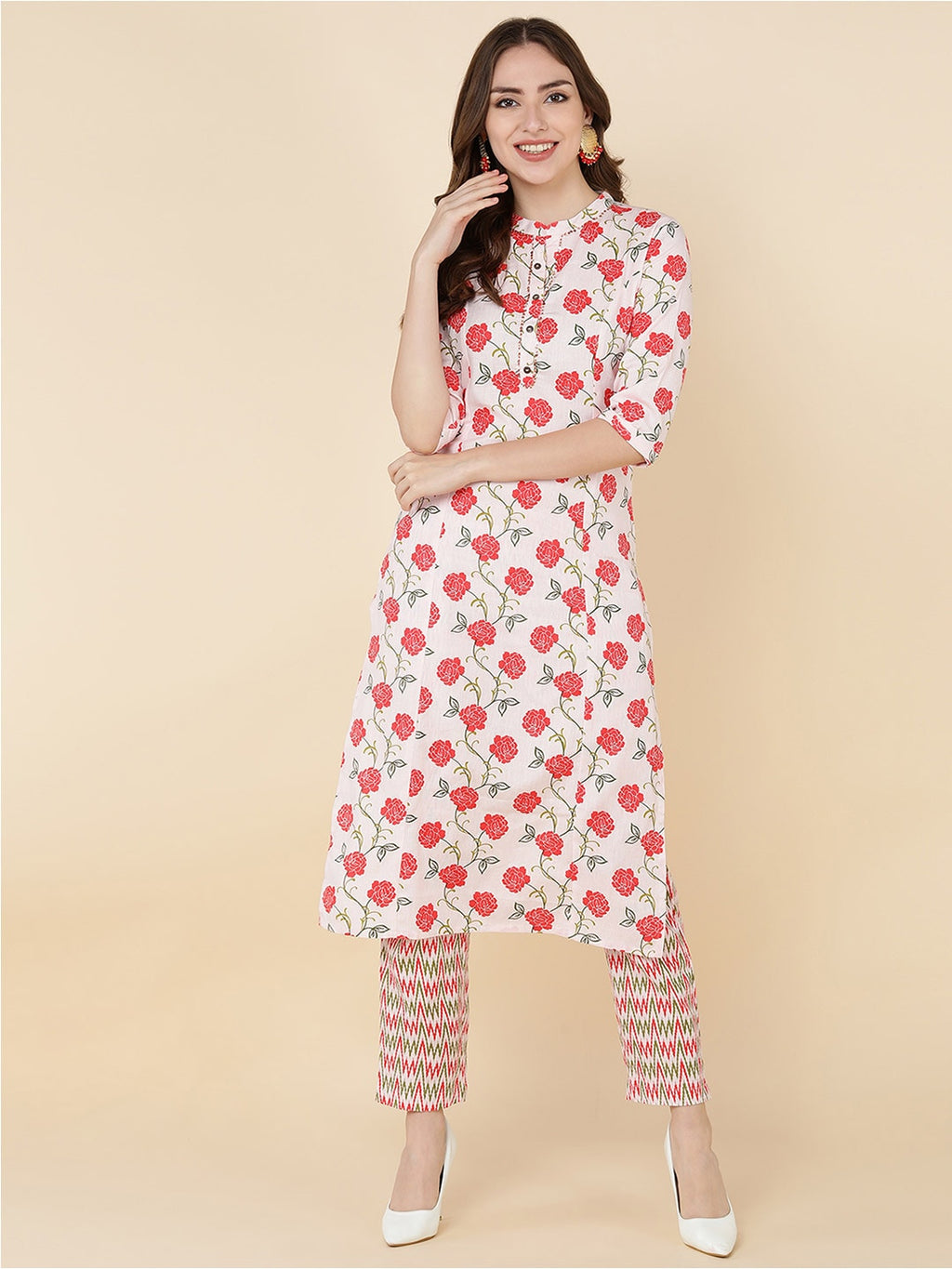 HERE&NOW Women Pink Floral Printed Kurta with Trousers