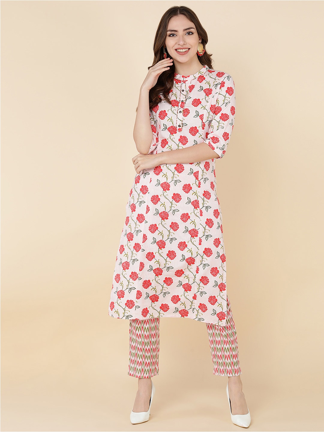 HERE&NOW Women Pink Floral Printed Kurta with Trousers