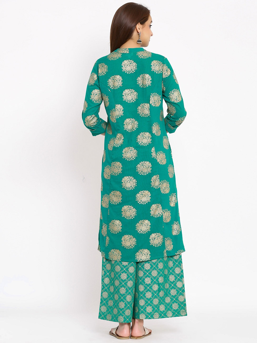 HERE&NOW Green Mandarin Collar Ethnic Motifs Printed A-Line Kurta