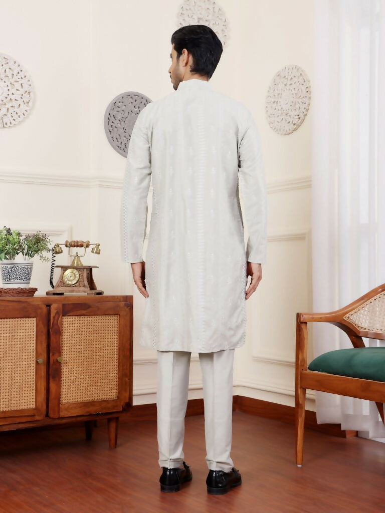 Light Green Silk Designer Embroidery Work Men's Rajwadi Kurta Set - Mahotsav