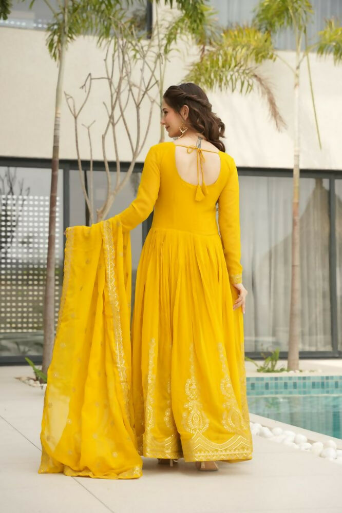 Vastranavya Yellow Faux Blooming with Embroidery Zari Sequins Work Gown
